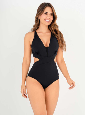 Vestido de baño Trikini con copa Escote en V y control abdomen 1367 Negro