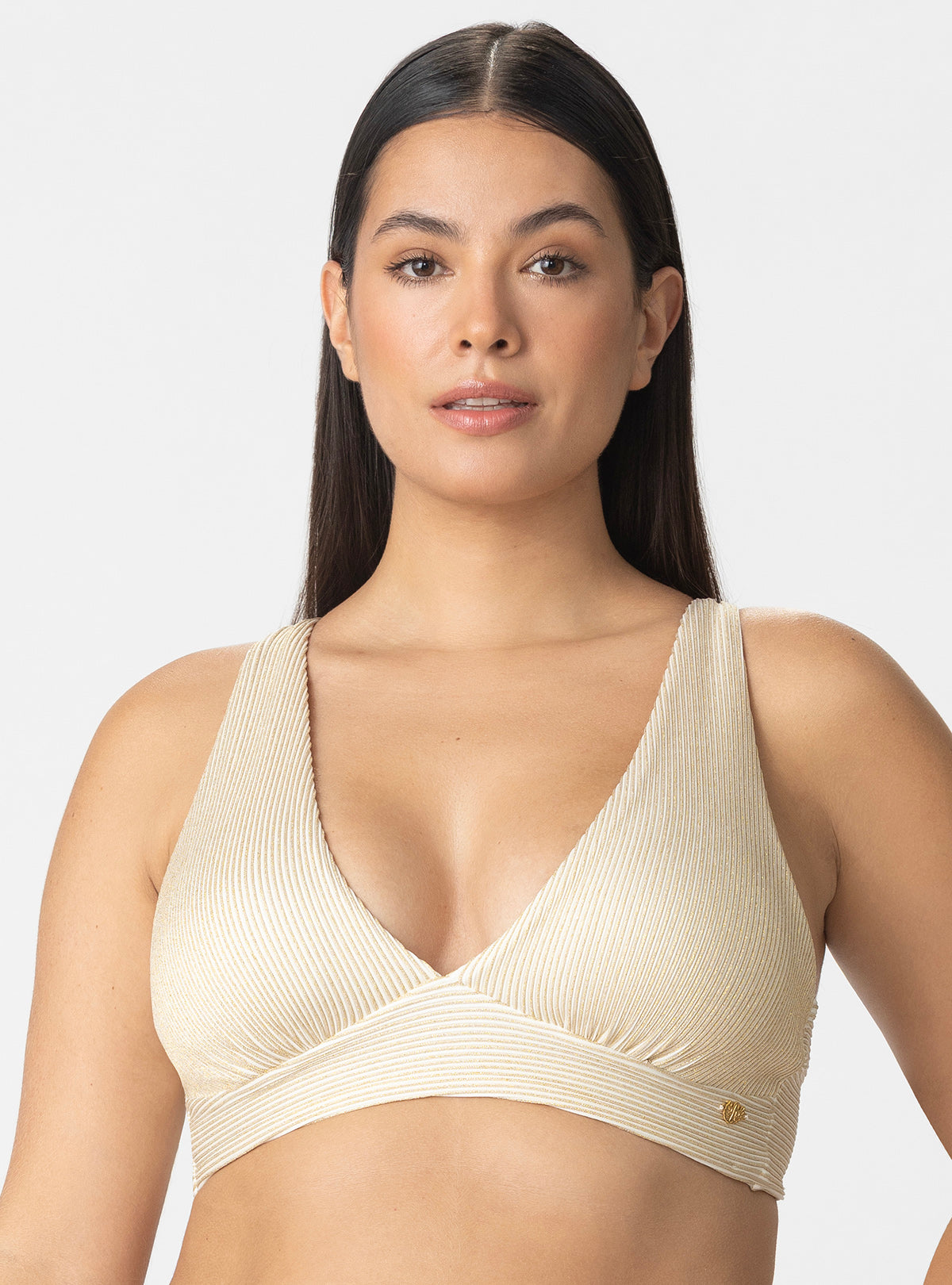 TRIÁNGULO TOP HALTER EN TELA TIPO RIB7122 MARFIL DESTELLOS DORADOS