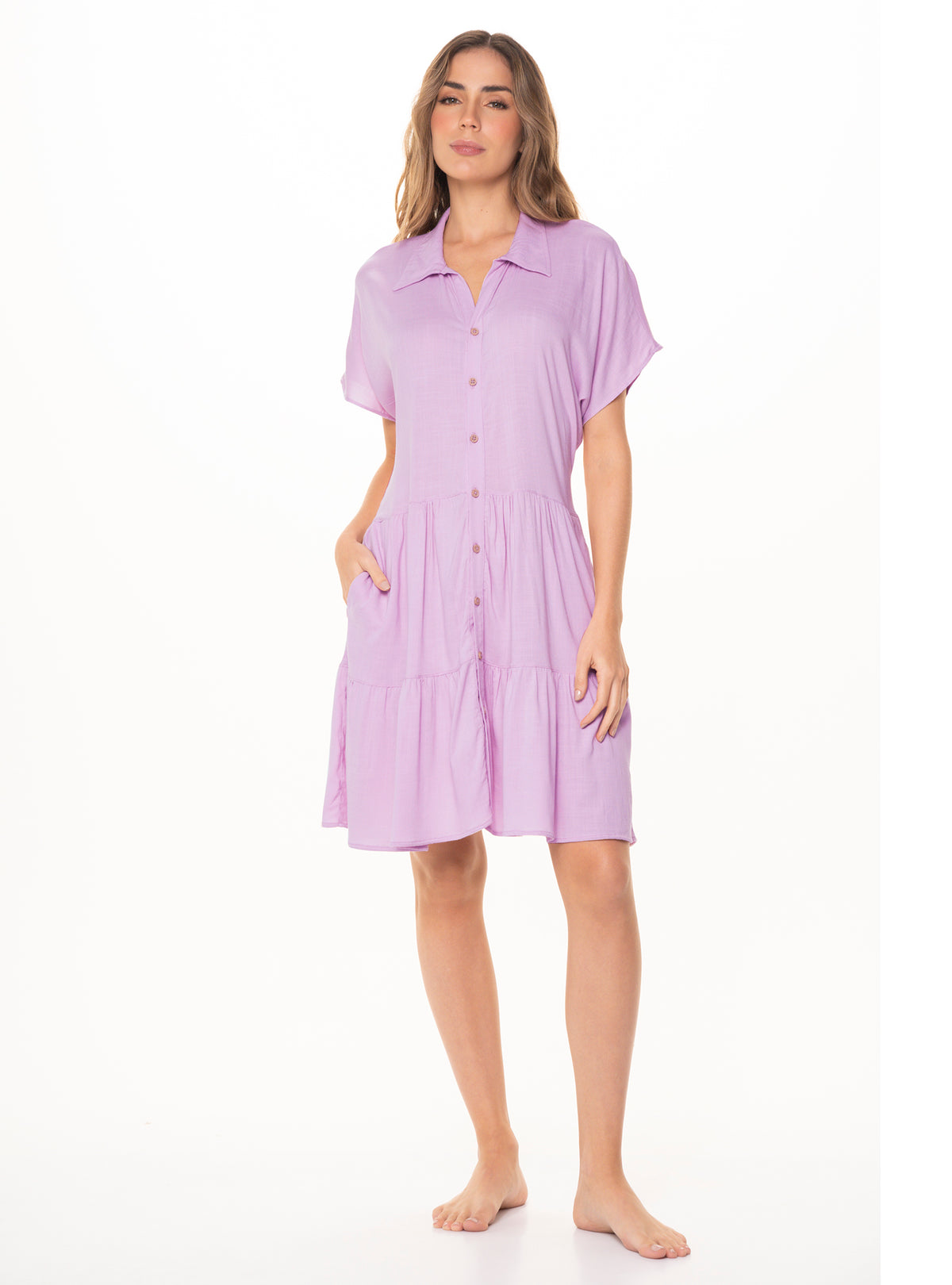 Vestido Corto, muy fresco, con 2 bolsillos en tela viscosa 8060 lavanda