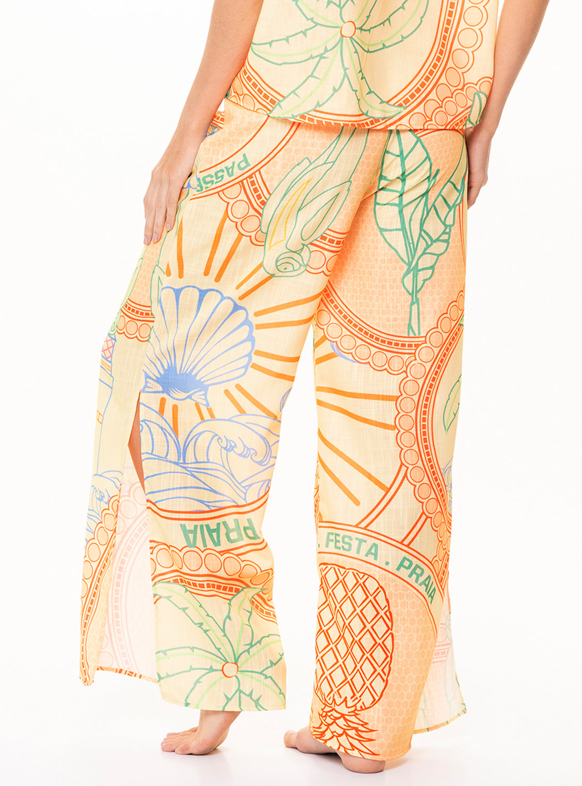 Pantalon Con resorte y aberturas inferiores en tela lino 8066 Praia