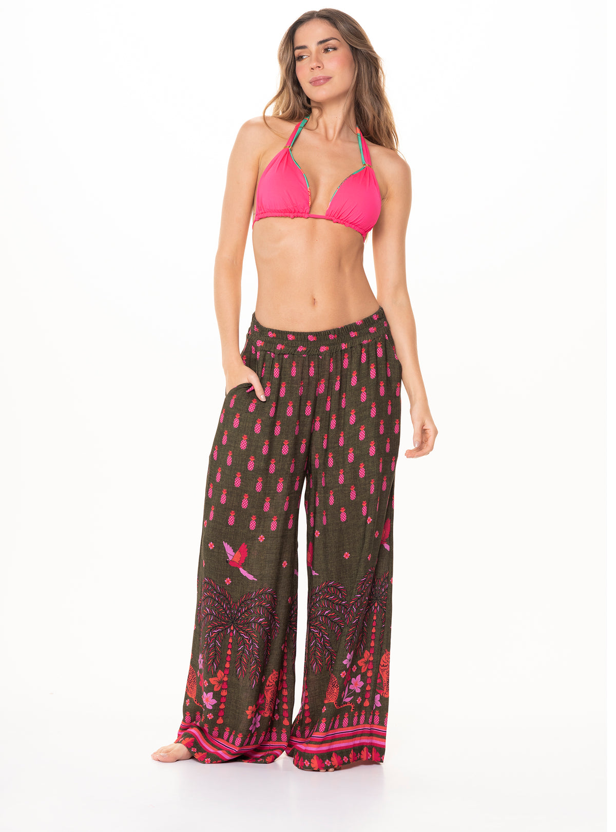 PANTALÓN CON RESORTE DE 2 BOLSILLOS Y CENEFA EN TELA VISCOSA 8075 AMAZONICO