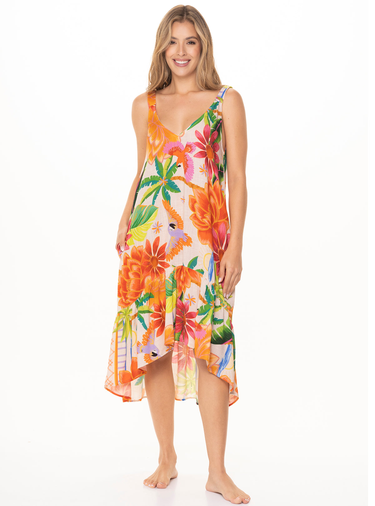 Vestido semi largo cuello en V en tela viscosa 8077 Serena