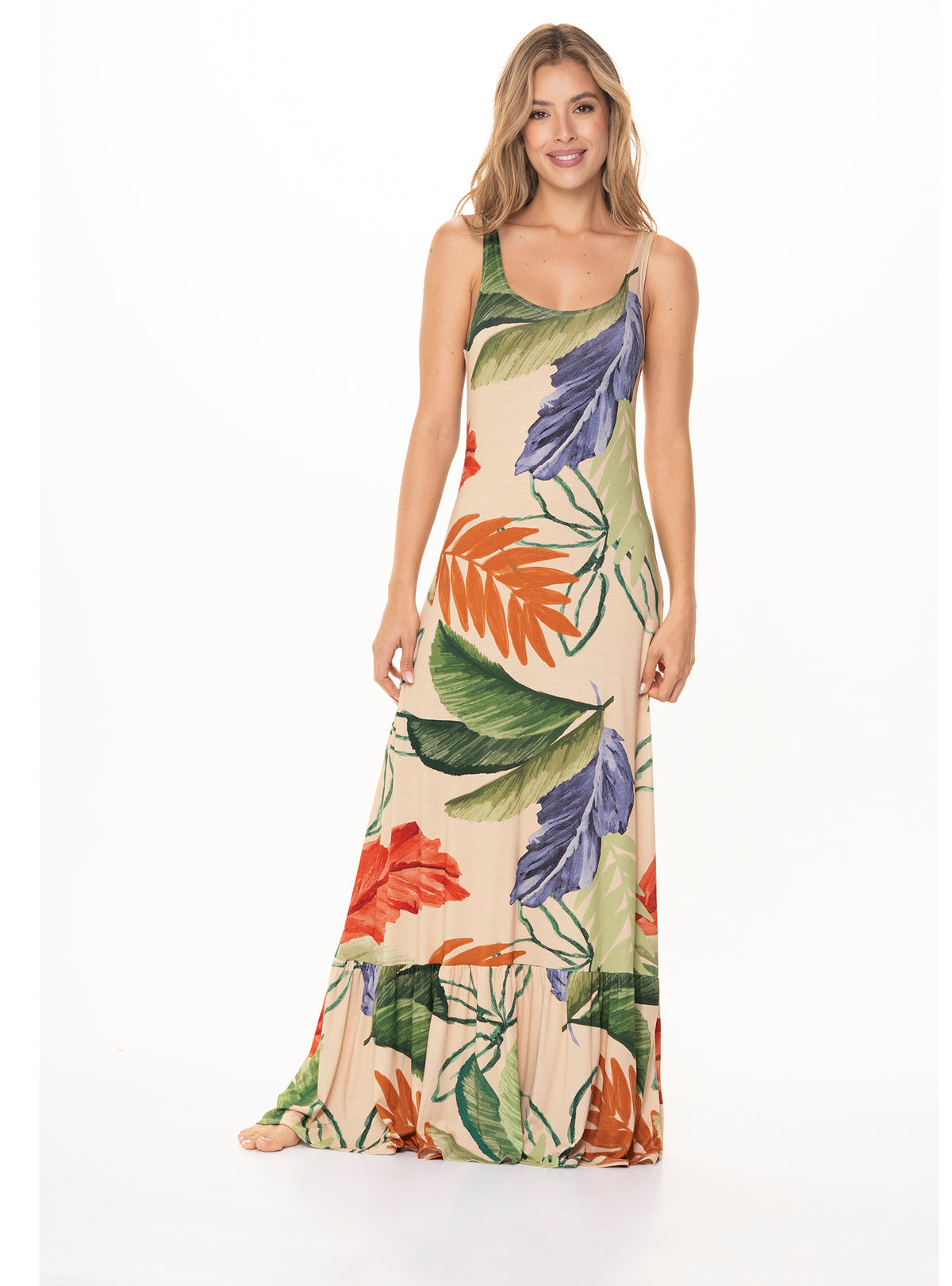 Vestido Largo para Mujer, estampado hojas vintage. 8078