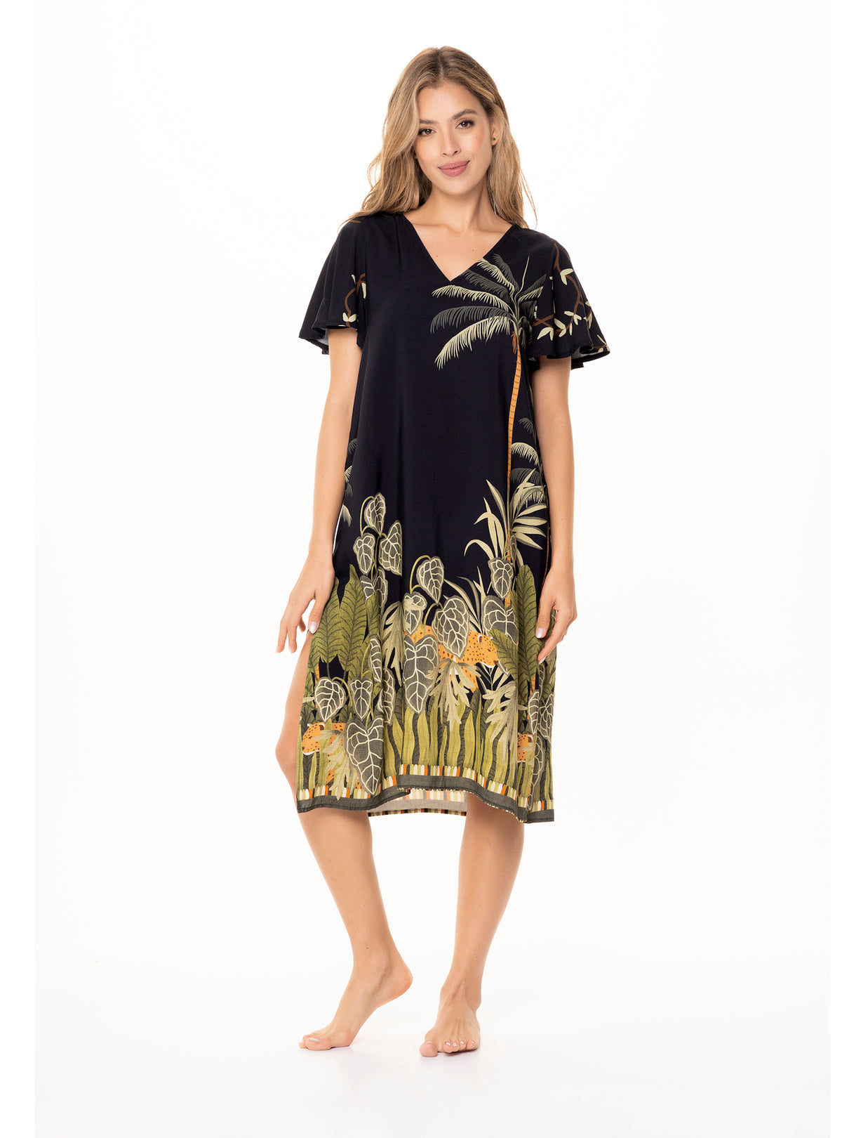 Vestido midi con cenefa selvático en tela viscosa 8079 Selva