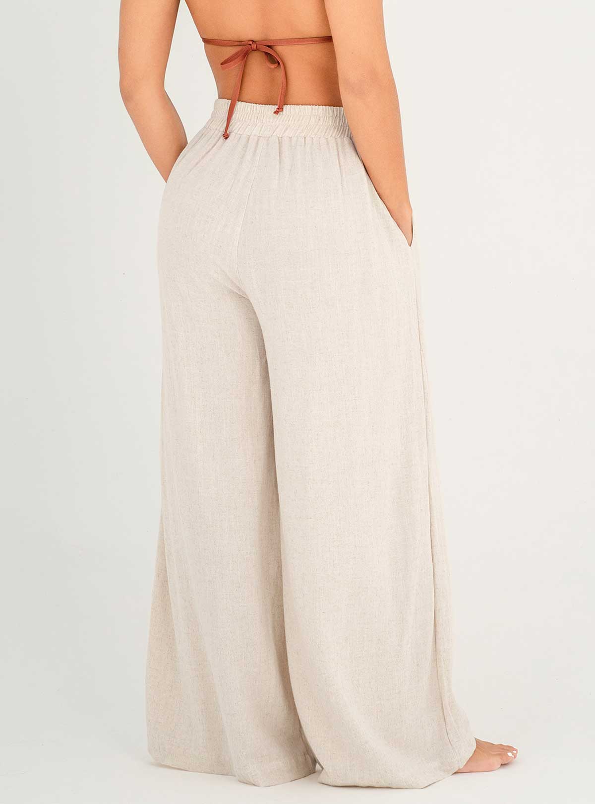 Pantalón con 2 bolsillos y resorte en cintura en tela lino viscosa 8091 marfil