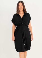 VESTIDO MIDI 2 BOLSILLOS Y PERILLA CON BOTONES EN MADERA EN TELA VISCOSA LYCRA 8095 NEGRO