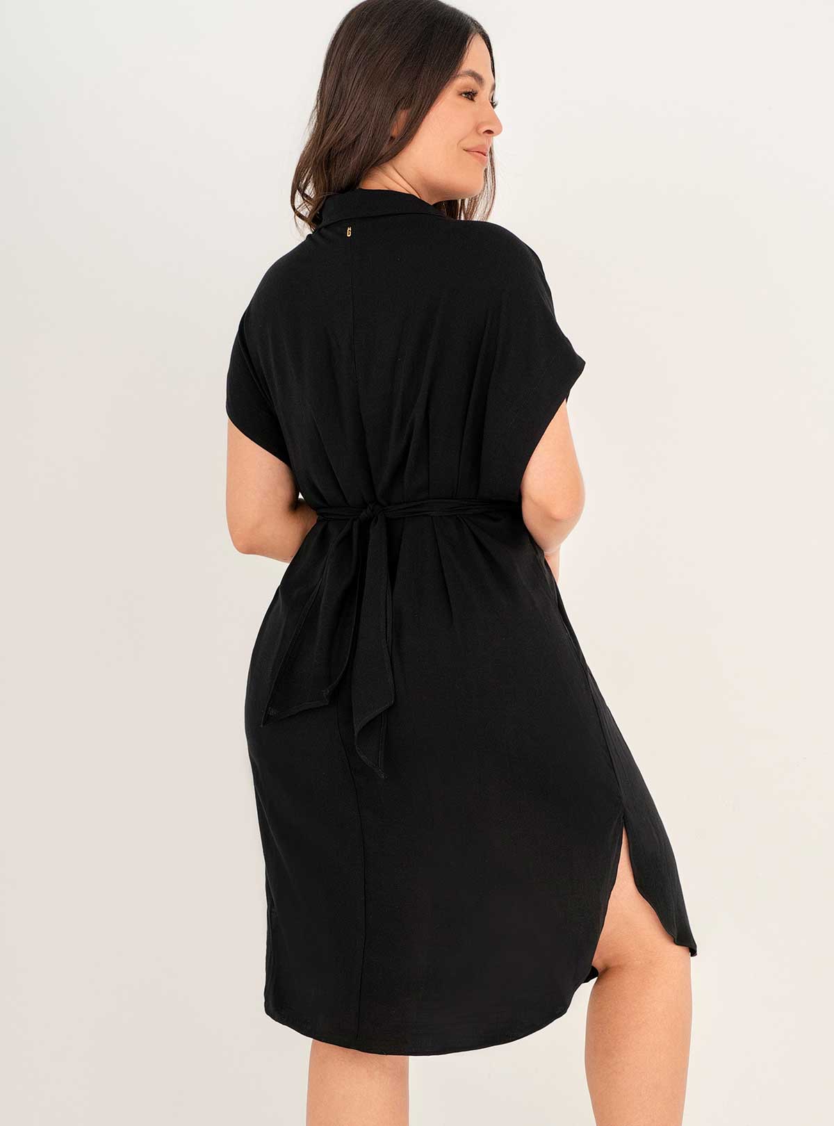 VESTIDO MIDI 2 BOLSILLOS Y PERILLA CON BOTONES EN MADERA EN TELA VISCOSA LYCRA 8095 NEGRO