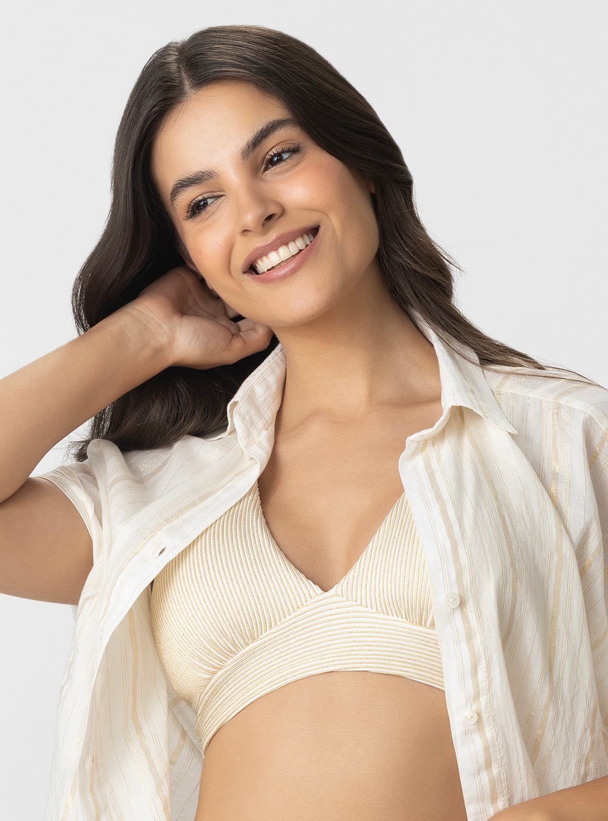 CAMISA CON PRETINA Y BOTONES PERLADOS EN ALGODON CON LUREX 8144 MARFIL