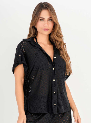 Camisa Manga Corta en tela Ojalillo con Lycra 9009 Negro