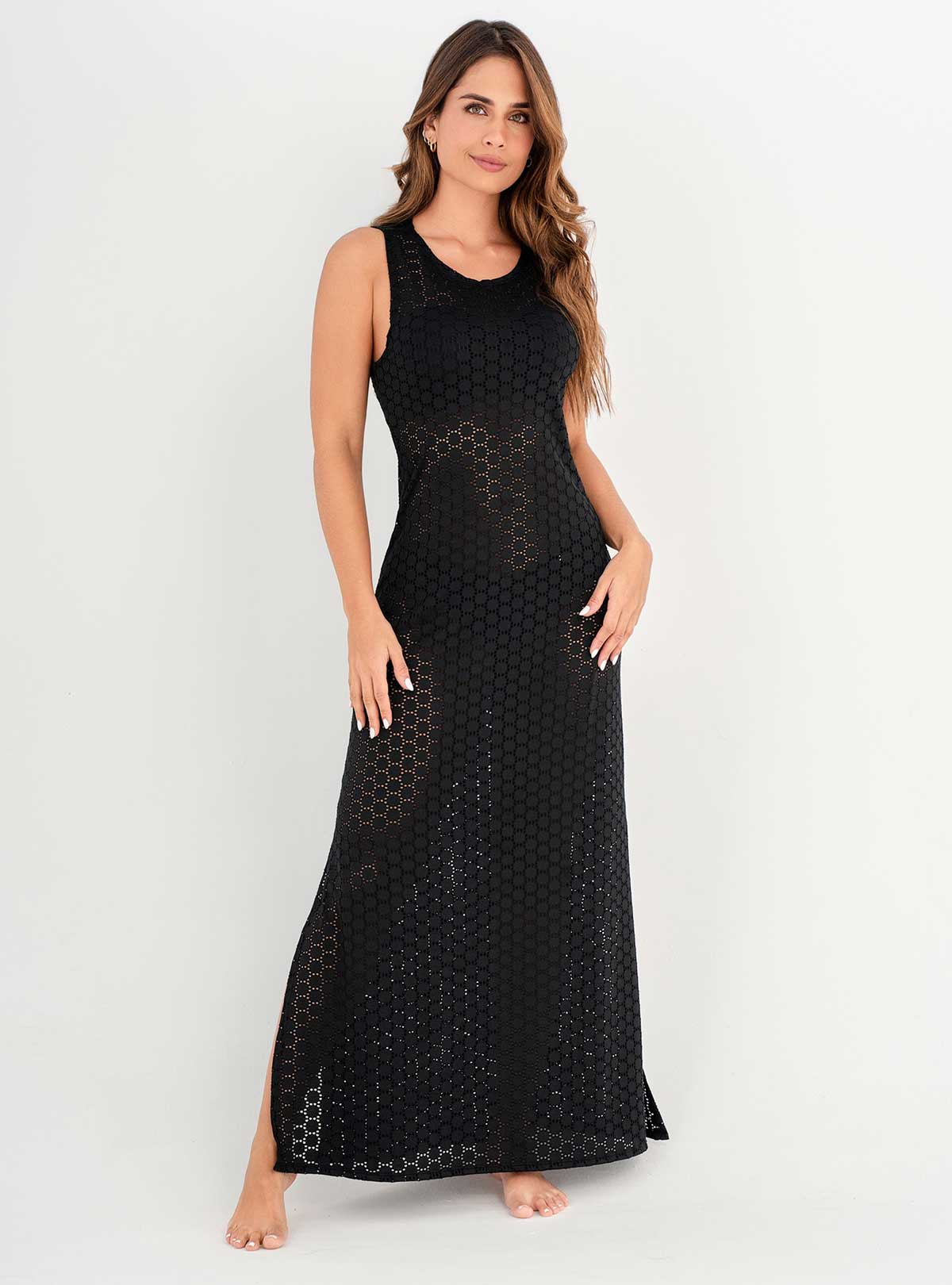 Vestido Largo en tela Ojalillo con Lycra 9012Negro