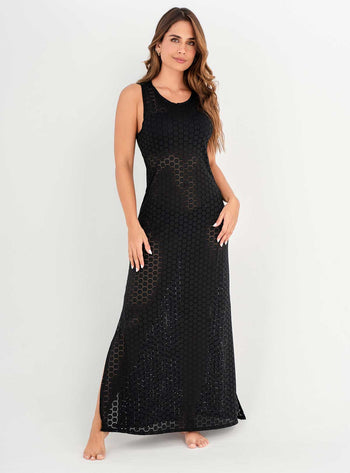 Vestido Largo en tela Ojalillo con Lycra 9012 Negro