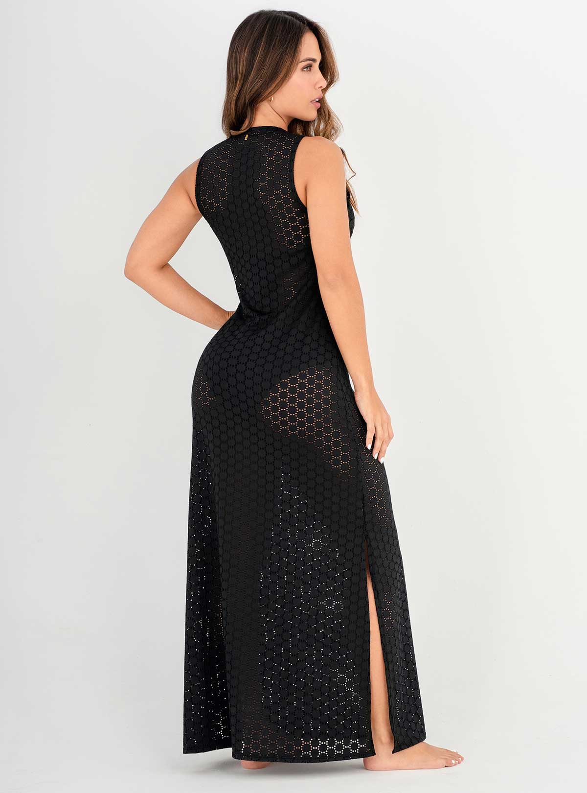 Vestido Largo en tela Ojalillo con Lycra 9012Negro