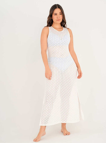 Vestido Largo en tela Ojalillo con Lycra 9012 Marfil