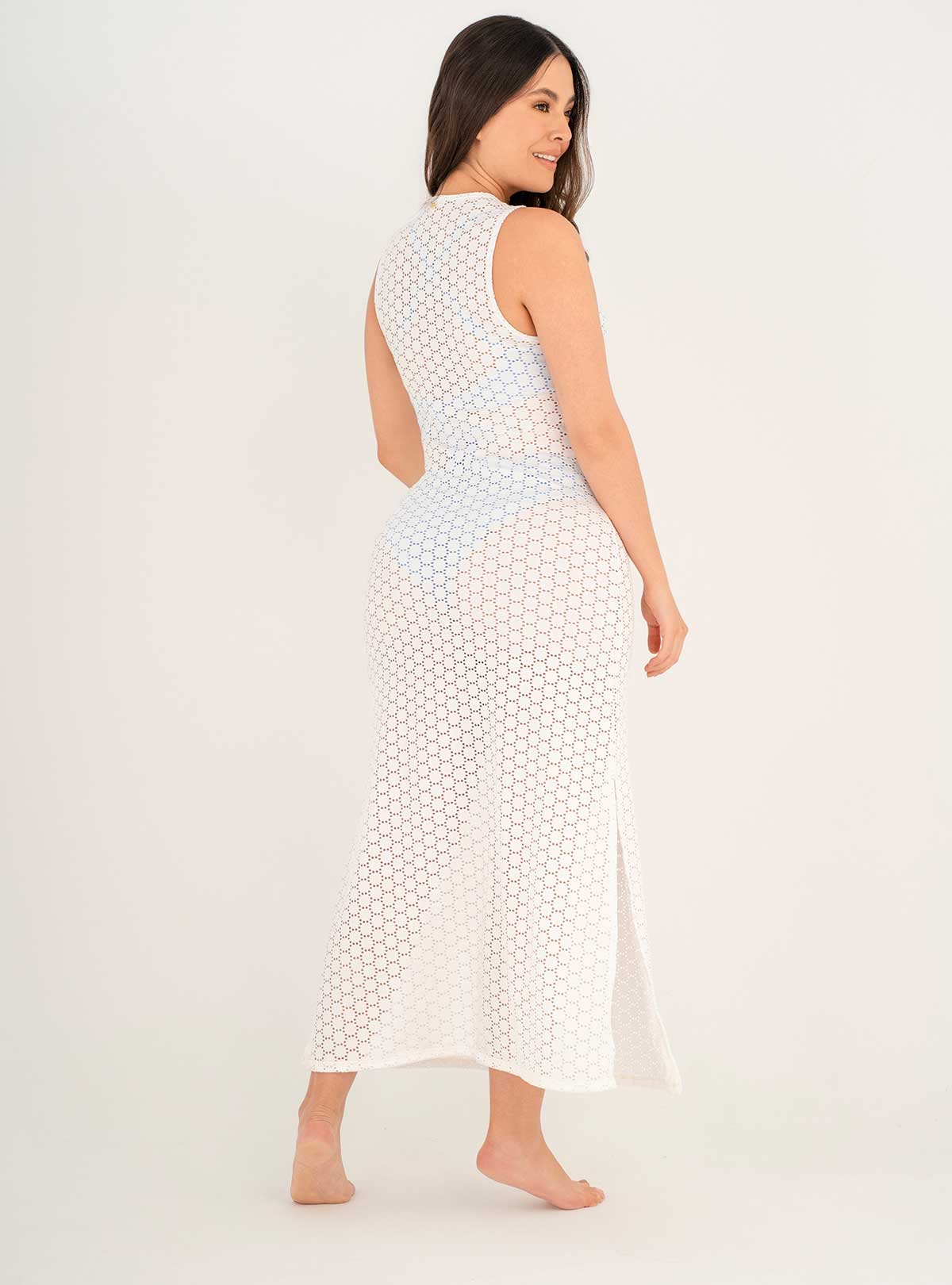 Vestido Largo en tela Ojalillo con Lycra 9012 Marfil