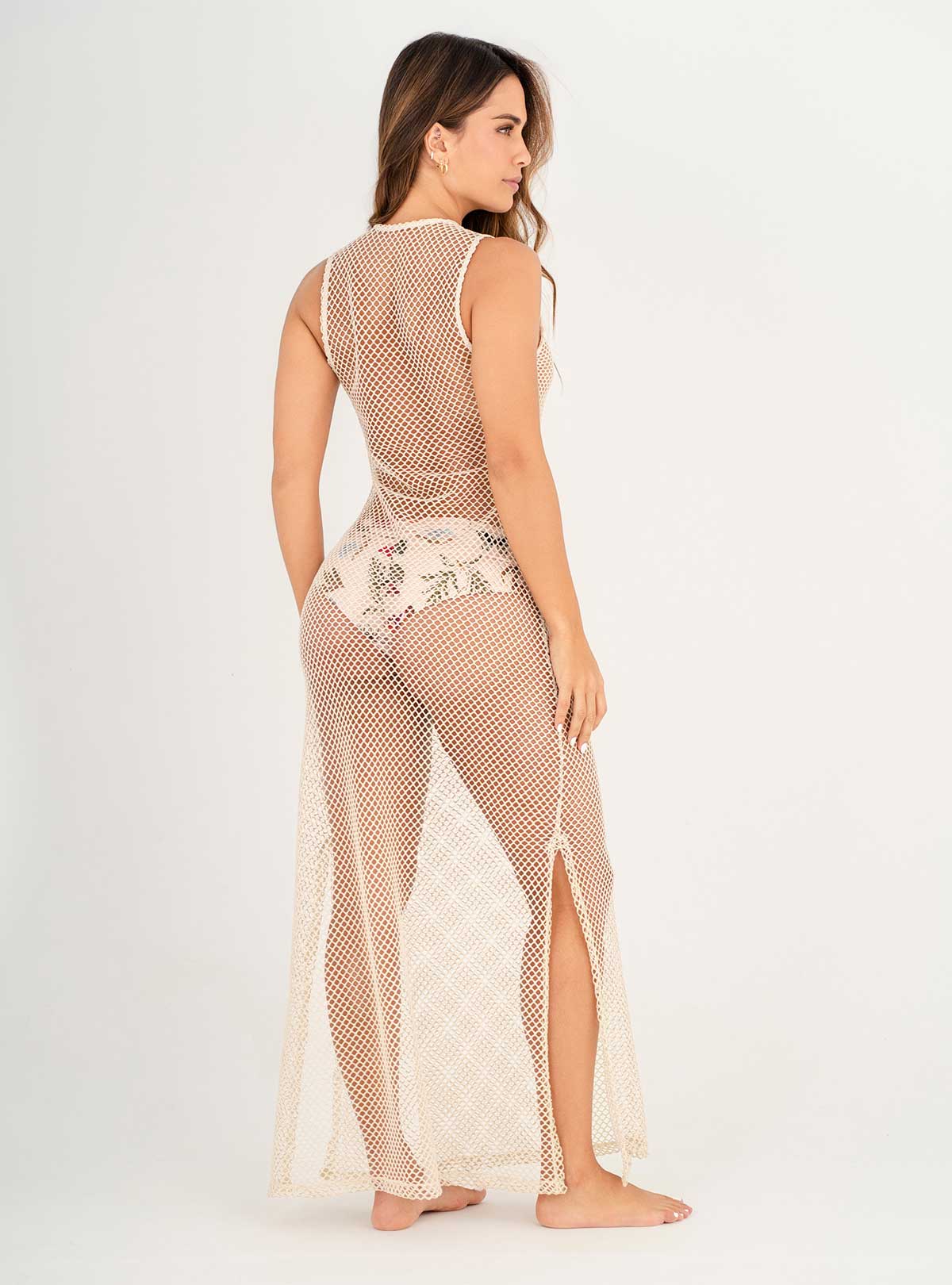 Vestido Largo Malla con hilos Lurex brillantes 9016 marfil