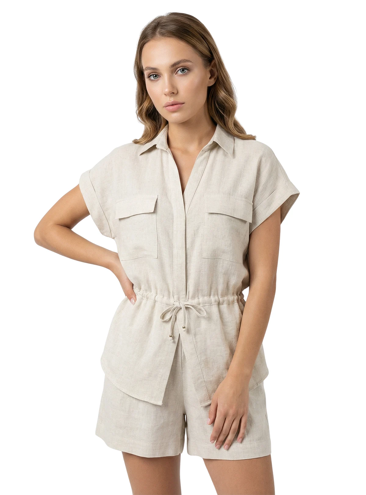 CAMISA MANGA CORTA ESTILO CARGO EN LINO SEMILLA 8348