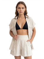 CAMISA MANGA CORTA ESTILO CARGO EN LINO SEMILLA 8348