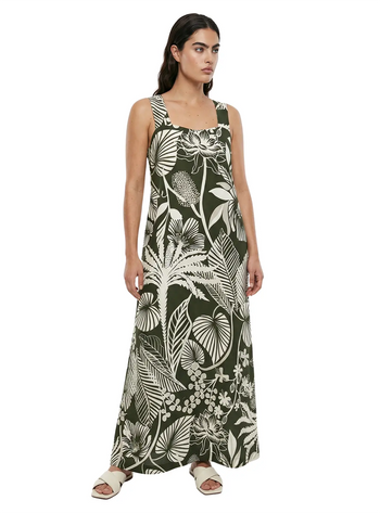 VESTIDO LARGO ESTAMPADO EN TELA RAYON CON TEXTURA DE LINO. BOLSILLOS LATERALES. SELVÁTICA 8350