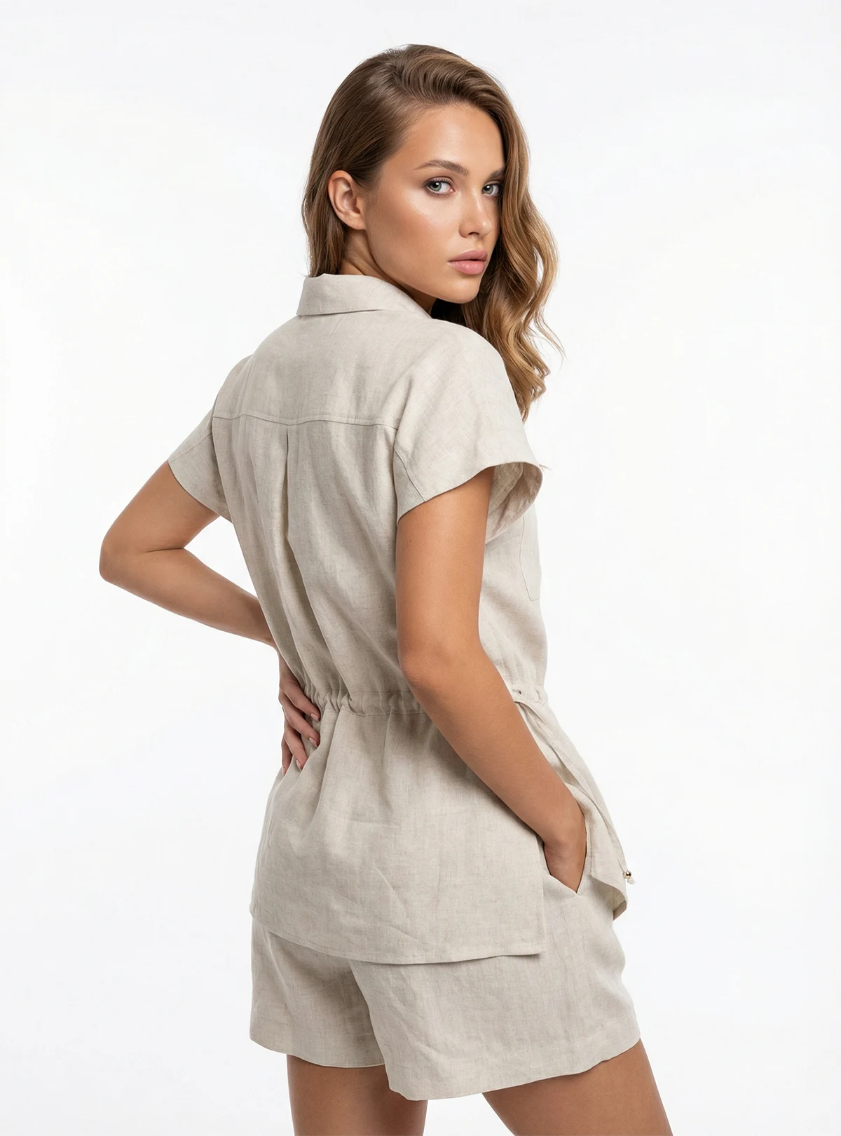 CAMISA MANGA CORTA ESTILO CARGO EN LINO SEMILLA 8348