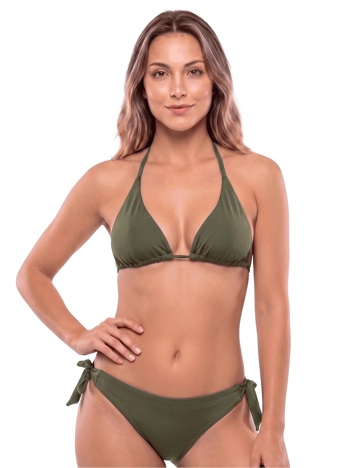 BIKINI SET: TRIÁNGULO + PANTY AMARRE LATERAL. VERDE OLIVA. 5120
