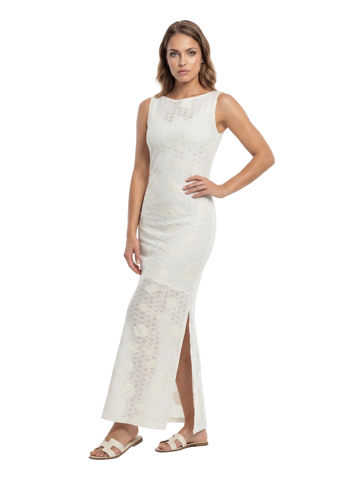 VESTIDO LARGO EN OJALILLO BORDADO CRUDO 8269