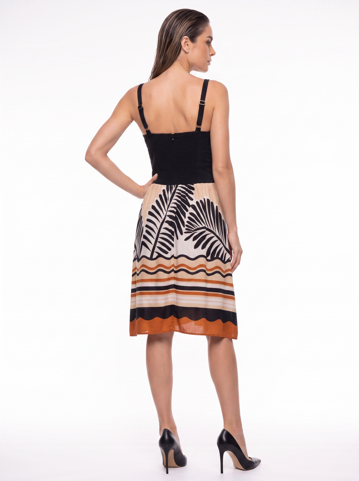 Vestido Midi Mujer Elegante con Corset y Falda Estampada. 8073 Palmeras