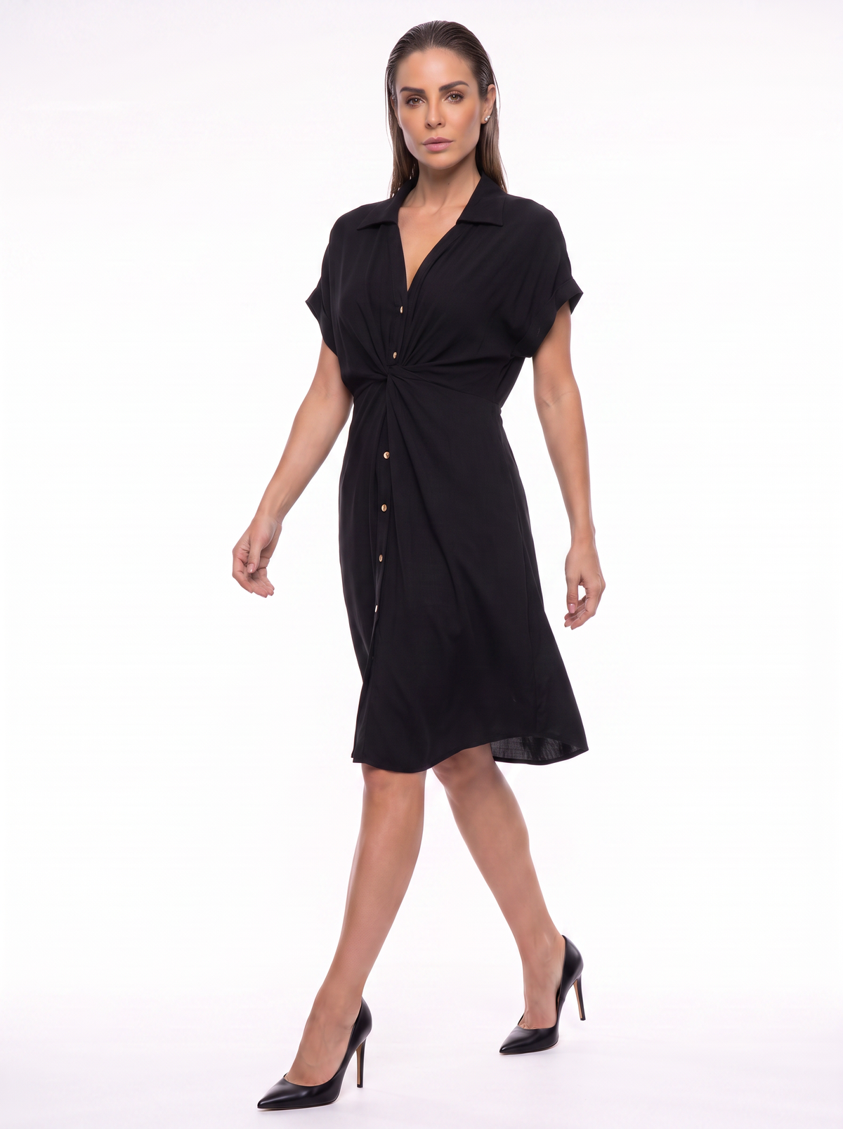Vestido Midi Negro para Mujer con Botones en madera. Elegante, Casual. En tela viscosa, lycra negro 8095