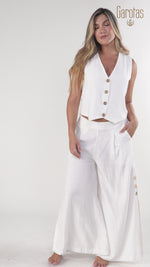 PANTALÓN CON BOTONES LATERALES EN LINO MARFIL 8195