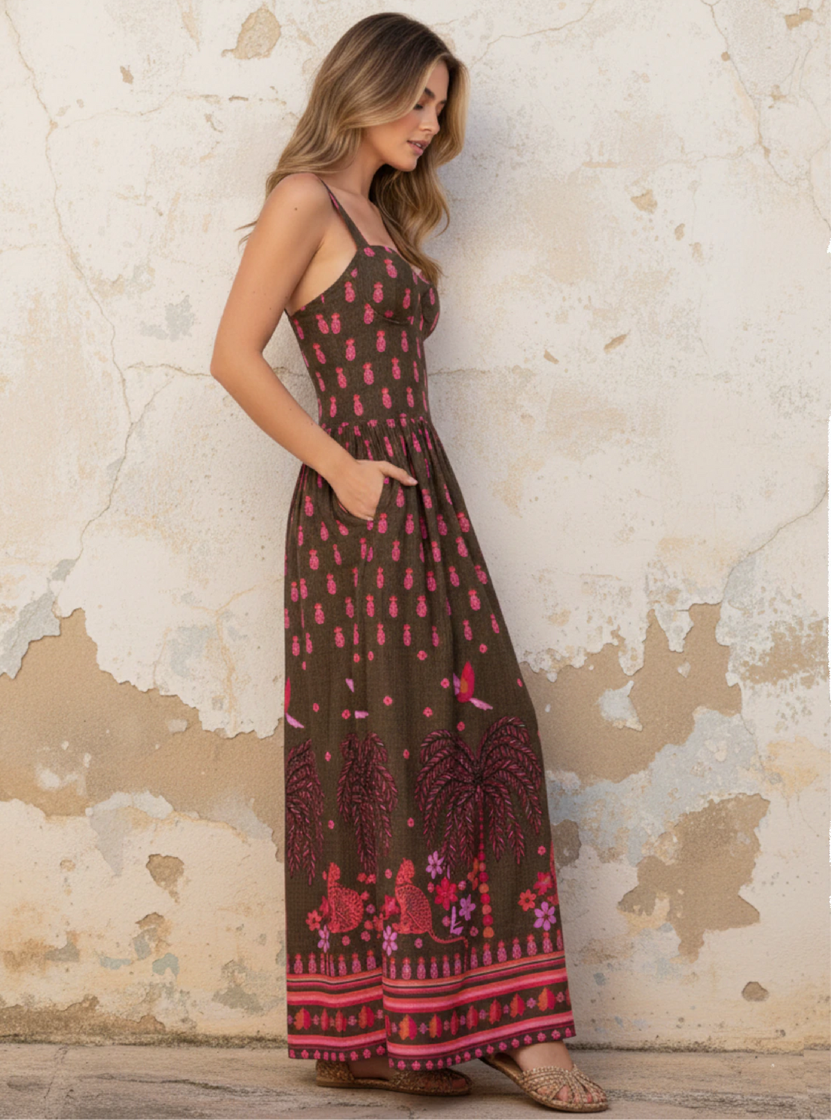 Vestido Largo con copa cenefa y resorte en tela viscosa 8072 Amazonico